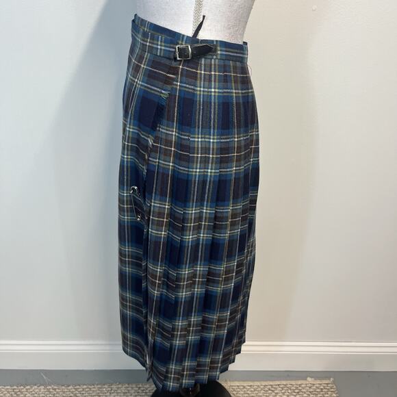O'Neil of Dublin Wrap Skirt Women's Size 10 Blue Brown Plaid Wool Pleated Fringe - Picture 8 of 11